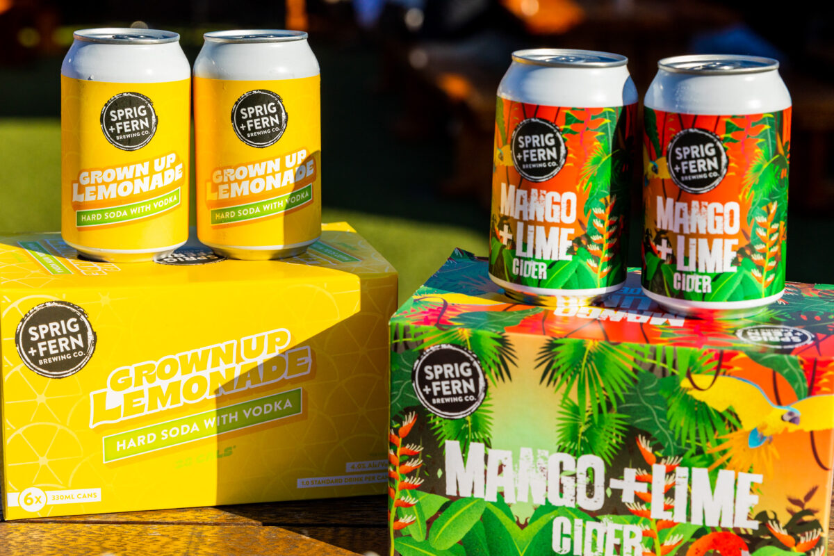 Cans of Grown Up Lemonade and Mango and Lime Cider at Sprig and Fern Tahuna