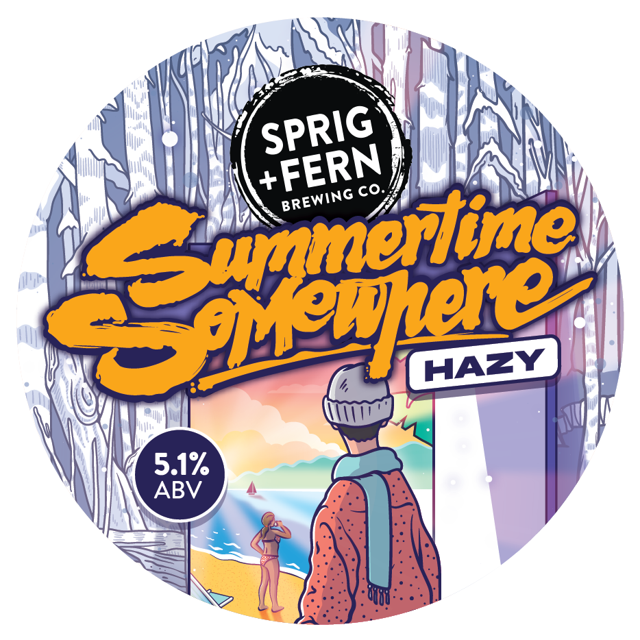 The tap badge for Sprig and Fern's Summertime Somewhere Hazy beer