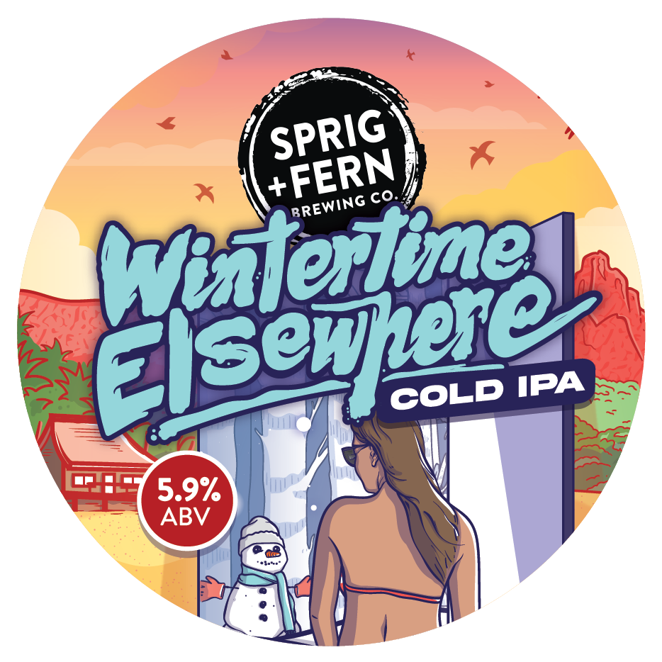 The tap badge for Sprig and Fern's Wintertime Elsewhere Cold IPA beer