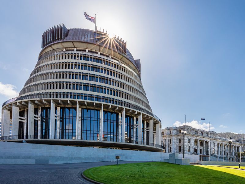 The Beehive parliament building in Wellington, New Zealand