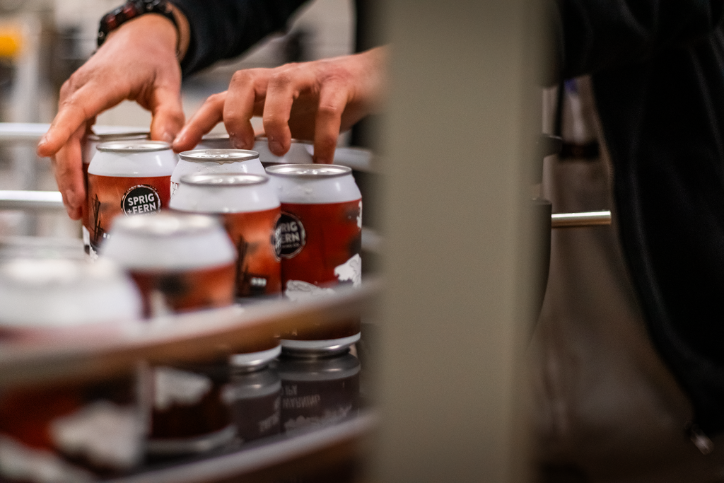 Hands grabbing Sprig and Fern cans of craft beer off of the production line