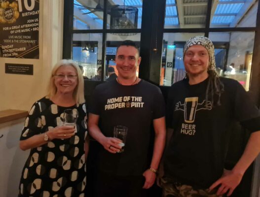 Pictured: Sprig + Fern Master Brewer Tracy Banner, Sprig + Fern Petone owner Ian Wasson and Senior Duty Manager Ryan Gray at the tenth birthday celebrations.