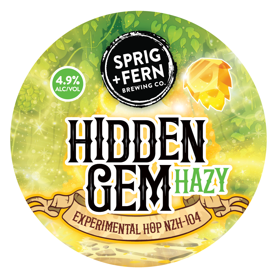 The tap badge for Sprig and Fern's Hidden Gem Hazy limited release beer containing Bract Brewing trial hop NZH-104
