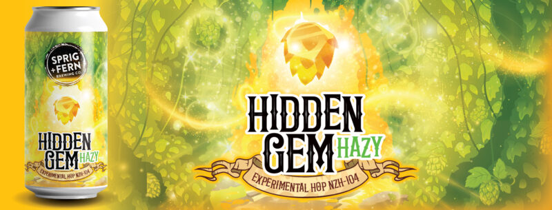 Artwork for Sprig and Fern's Hidden Gem Hazy limited release beer containing Bract Brewing trial hop NZH-104