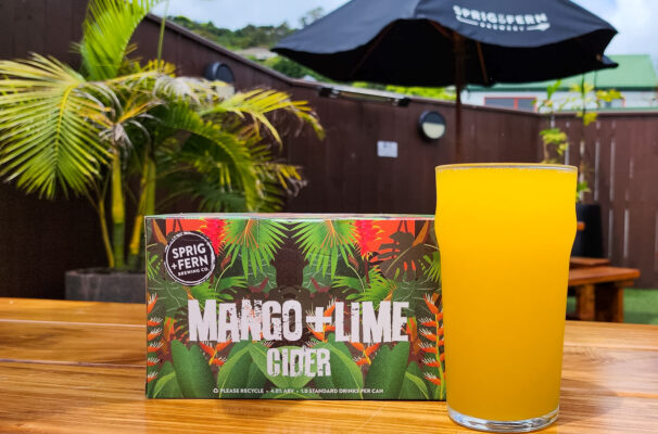 A pint and six pack of Sprig and Fern's mango and lime cider