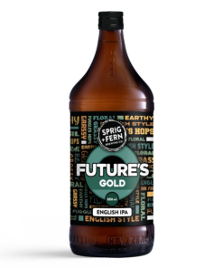 A 888ml bottle of Sprig and Fern's Future's Gold English IPA craft beer