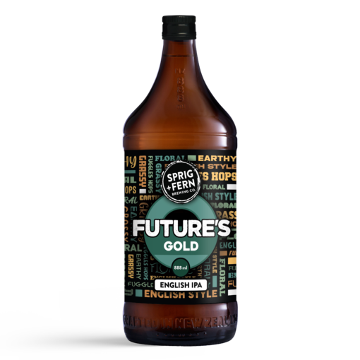 A 888ml bottle of Sprig and Fern's Future's Gold English IPA craft beer
