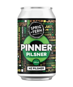 A 330 ml can of Sprig and Fern's Pinner NZ Pilsner craft beer