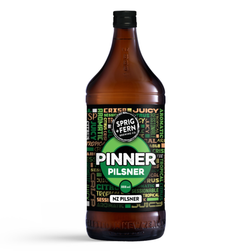 A 888ml bottle of Sprig and Fern's Pinner NZ Pilsner craft beer