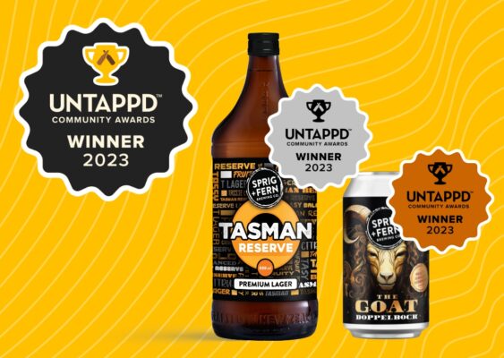 Sprig and Fern's Tasman Reserve and The G.O.A.T Doppelbock showing their medals from the Untappd Community Awards