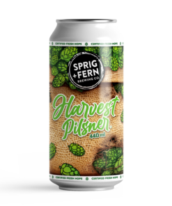 A 440 ml can of Sprig and Fern's fresh hop Harvest Pilsner craft beer