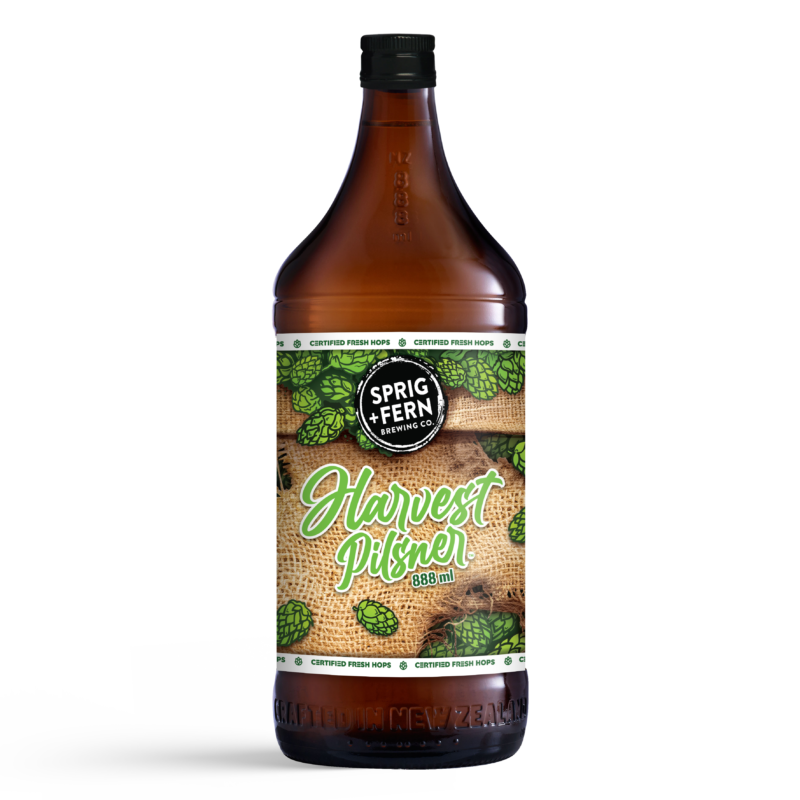 A 888 ml bottle of Sprig and Fern's fresh hop Harvest Pilsner craft beer