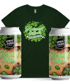 Two cans of Sprig and Fern's limited release fresh hop Harvest Pilsner and a tee shirt with the Harvest Pilsner design