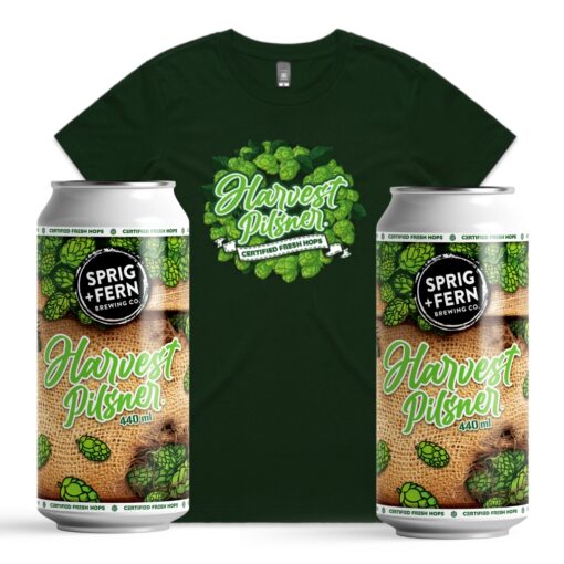 Two cans of Sprig and Fern's limited release fresh hop Harvest Pilsner and a tee shirt with the Harvest Pilsner design