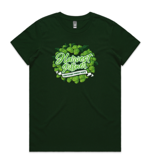 A women's tee shirt with Sprig and Fern's Harvest Pilsner artwork