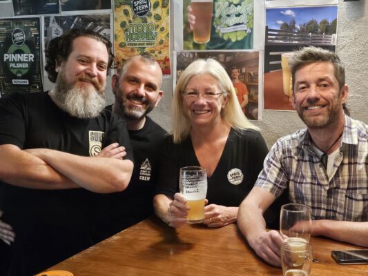 Kieran from The Catfish, James from The Crafty Pint, Tracy Banner and Colin Mallon of Sprig and Fern, enjoying a beer at The Catfish in Fitzroy, Melbourne