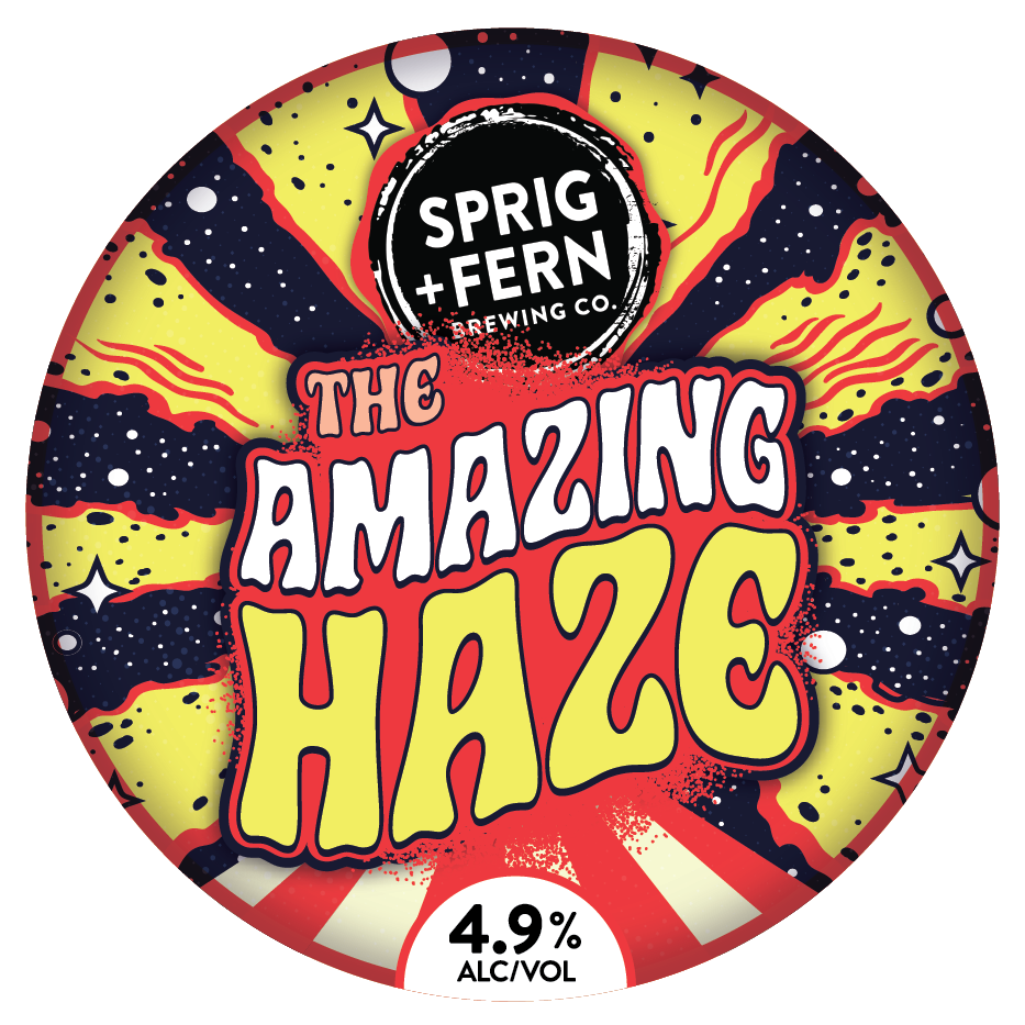 The tap badge for Sprig and Fern The Amazing Haze hazy pale ale craft beer.