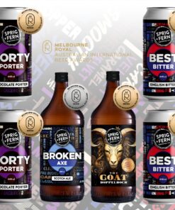Artwork showing Sprig and Fern's medal winning beers from the Australian International Beer Awards (AIBA), including two cans of Norty Porter, a bottle of Broken Axe Scotch Ale and The G.O.A.T Doppelbock and two cans of Best Bitter