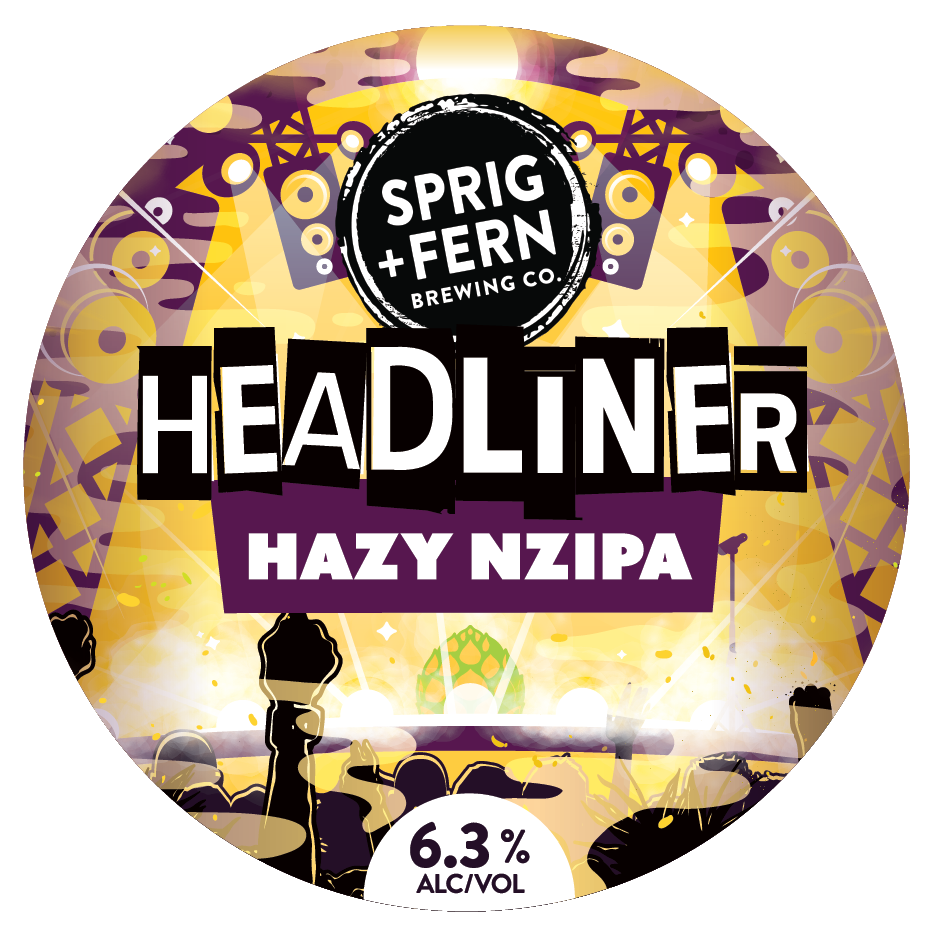The tap badge for Sprig and Fern's Headliner Hazy NZIPA beer