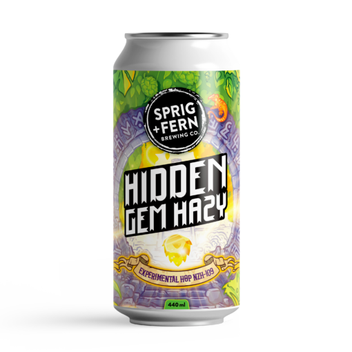 A 440ml can of Sprig and Fern's Hidden Gem Hazy pale ale craft beer with trial hop NZH-109