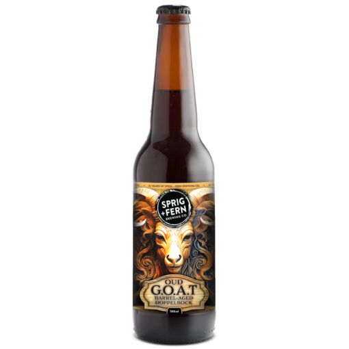 A bottle of Sprig and Fern's fifteenth birthday Oud G.O.A.T Doppelbock special release