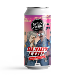 A 440ml can of Sprig and Fern's limited release beer, Buddy Cop West Coast Pilsner