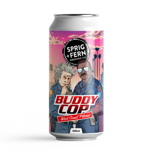 A 440ml can of Sprig and Fern's limited release beer, Buddy Cop West Coast Pilsner