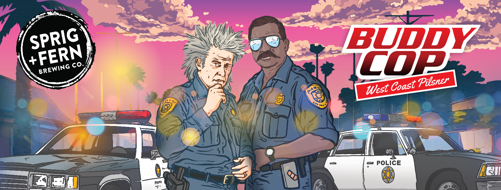 The artwork for Sprig and Fern's limited release beer, Buddy Cop West Coast Pilsner