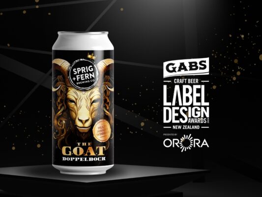 A can of Sprig and Fern's The G.O.A.T Doppelbock and the GABS Label Design Awards logo