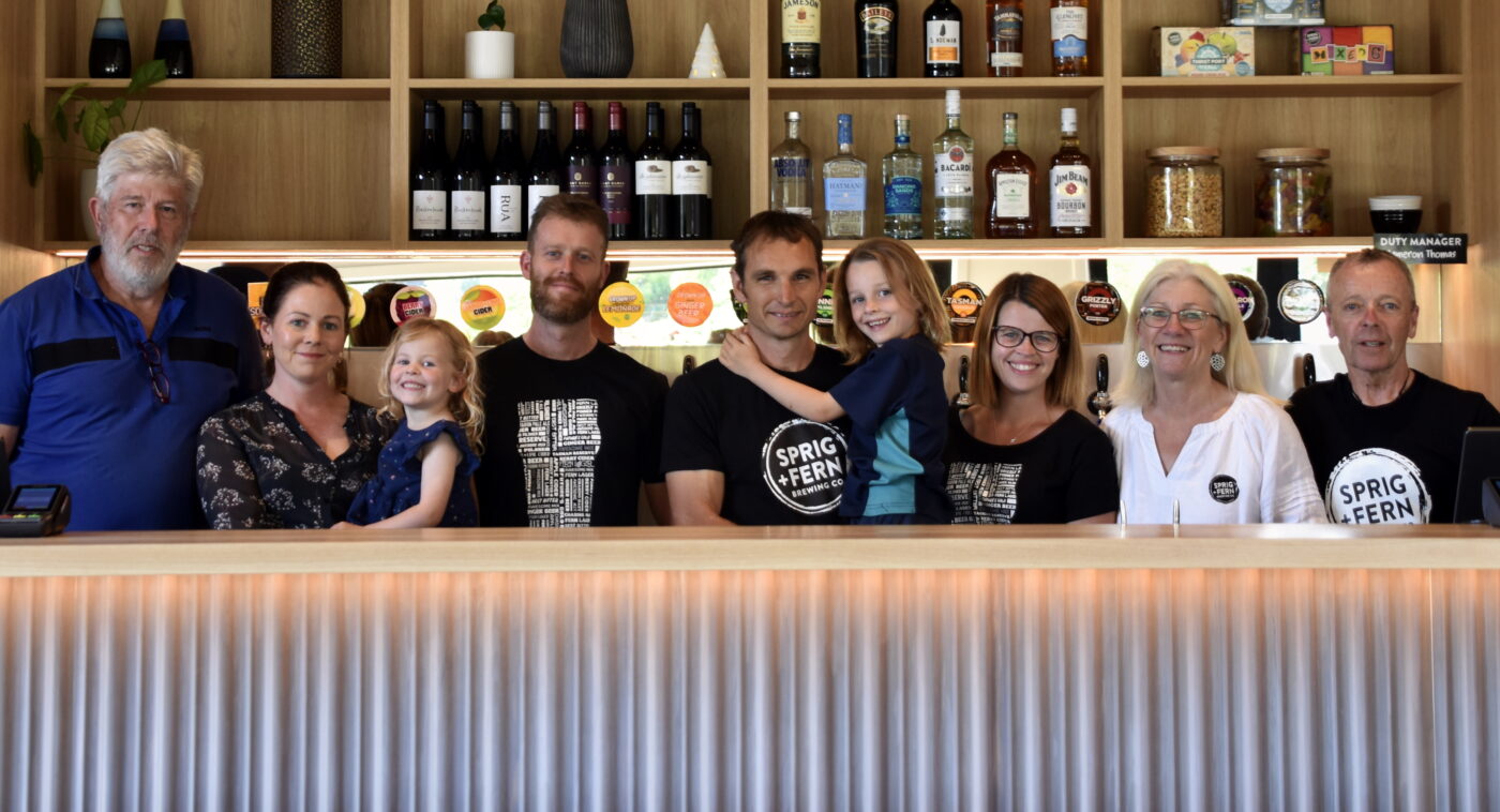 Graham Vercoe, franchise owner of GJ Gardner, Amy Hardcastle, Drew Fahey, Vincent Kilmore and Ingrid Garriock, owners of Sprig + Fern Marsden, and Tracy and Ken Banner, owners of Sprig + Fern Brewing Co.